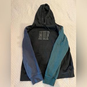 Huf Black Hoodie Sweatshirt w/ Green and Blue Sleeves (Large)